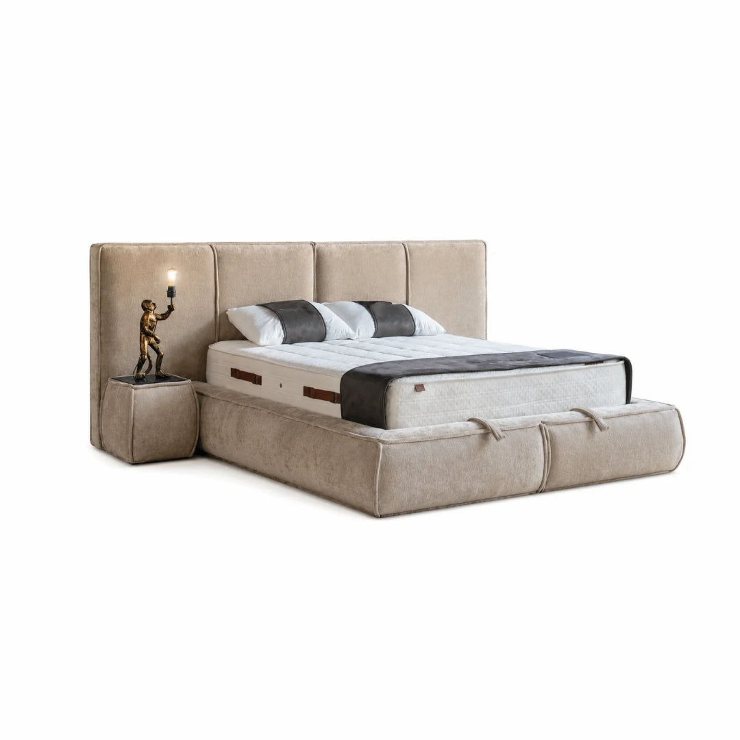 Pat Boxspring SEOSSA cu ladă de depozitare, structură metalică, saltea premium