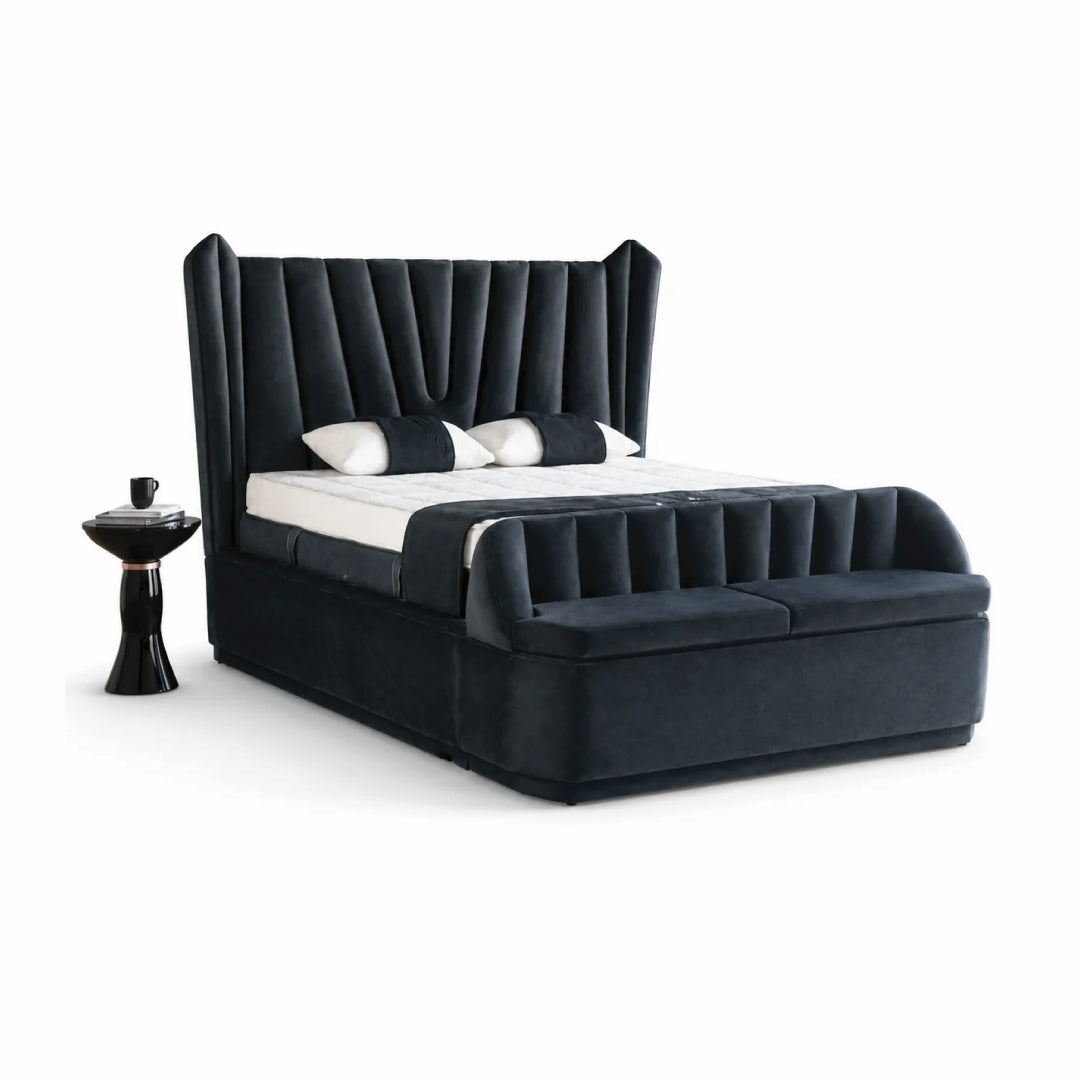 Pat Boxspring SERENE cu ladă de depozitare, structură metalică, saltea premium