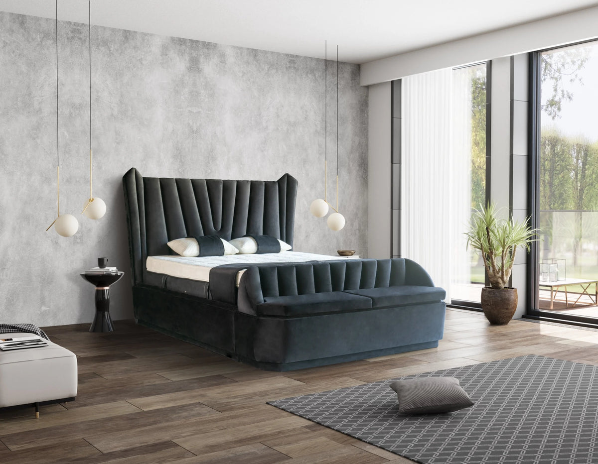 Pat Boxspring SERENE cu ladă de depozitare, structură metalică, saltea premium