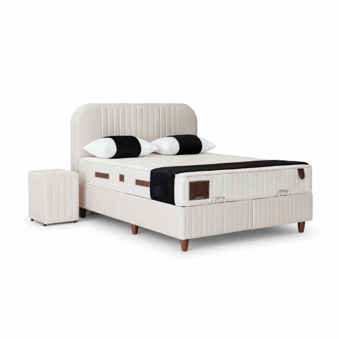Pat Boxspring SIENNA cu ladă de depozitare, structură metalică, saltea premium