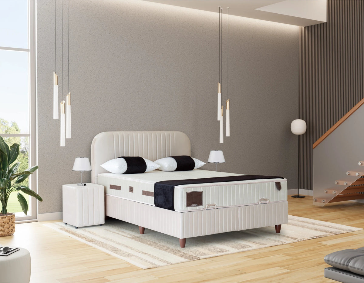 Pat Boxspring SIENNA cu ladă de depozitare, structură metalică, saltea premium
