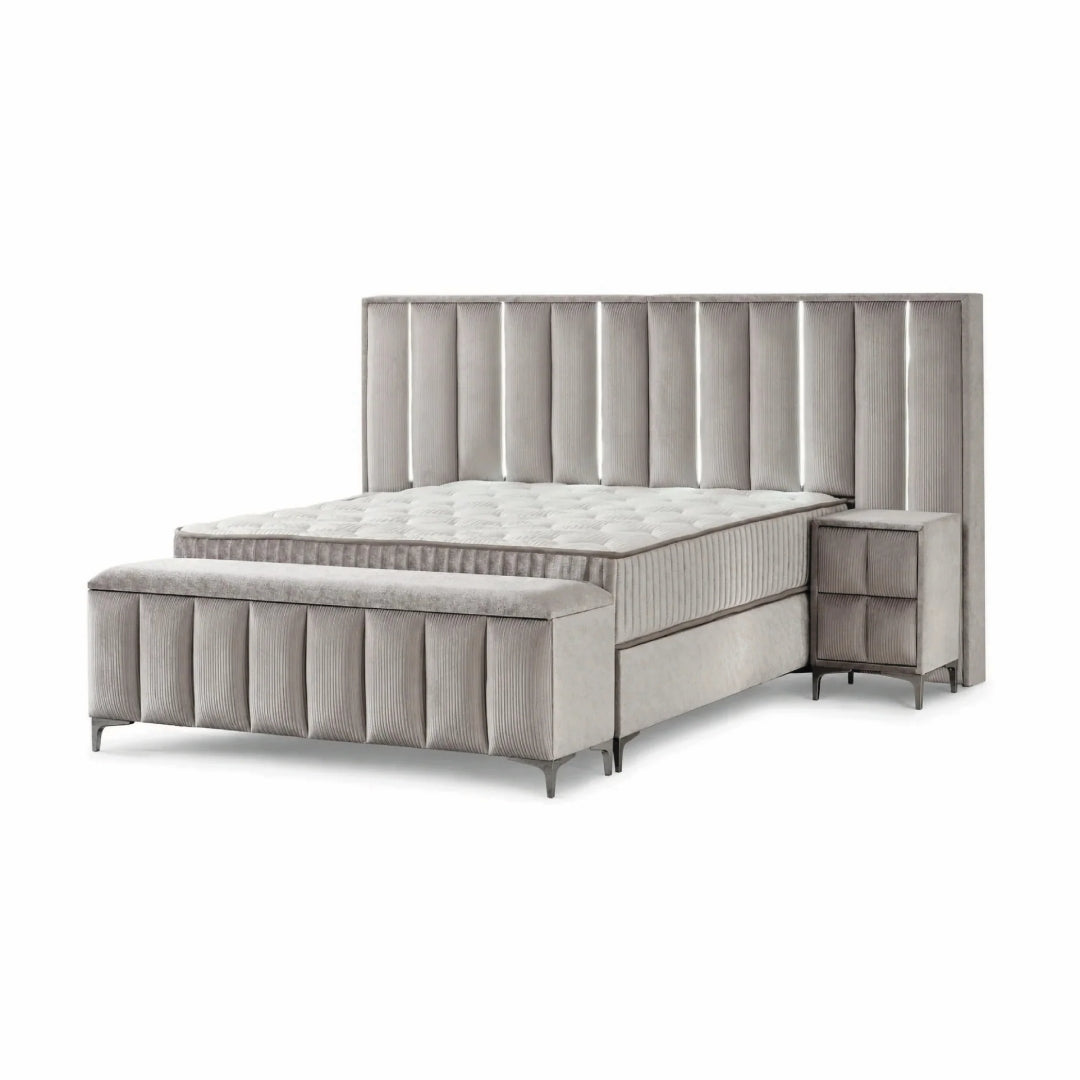 Pat Boxspring STARLIGHT cu ladă de depozitare, saltea premium, structură metalică, LED-uri și charger USB incorporate