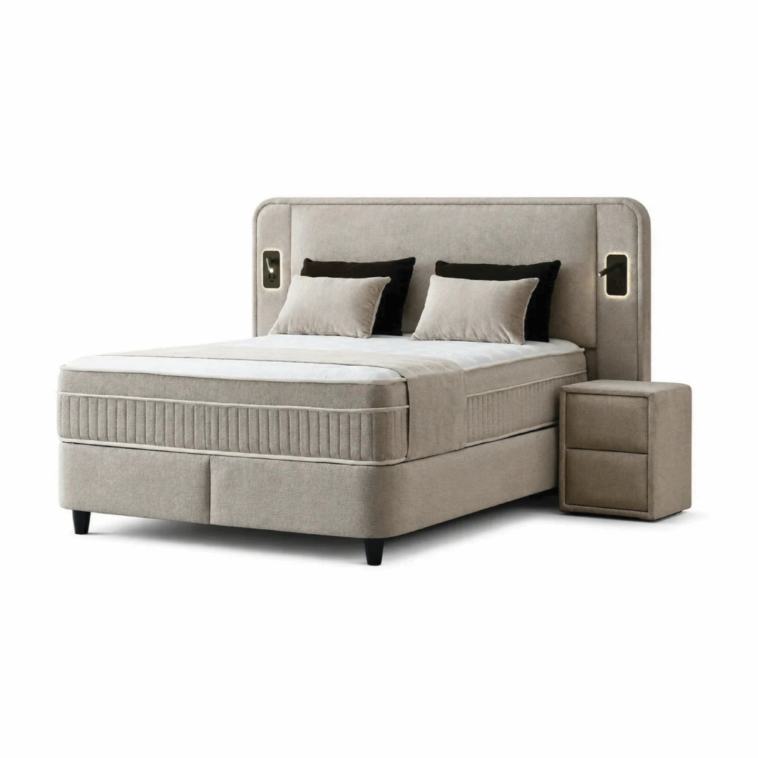 Pat Boxspring TULUM cu ladă de depozitare, structură metalică, saltea premium cu topper integrat, LED-uri incorporate