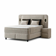 Pat Boxspring TULUM cu ladă de depozitare, structură metalică, saltea premium cu topper integrat, LED-uri incorporate