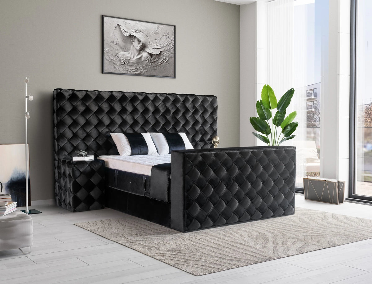 Pat Boxspring TWELL cu ladă de depozitare, spațiu integrare TV, structură metalică, saltea premium