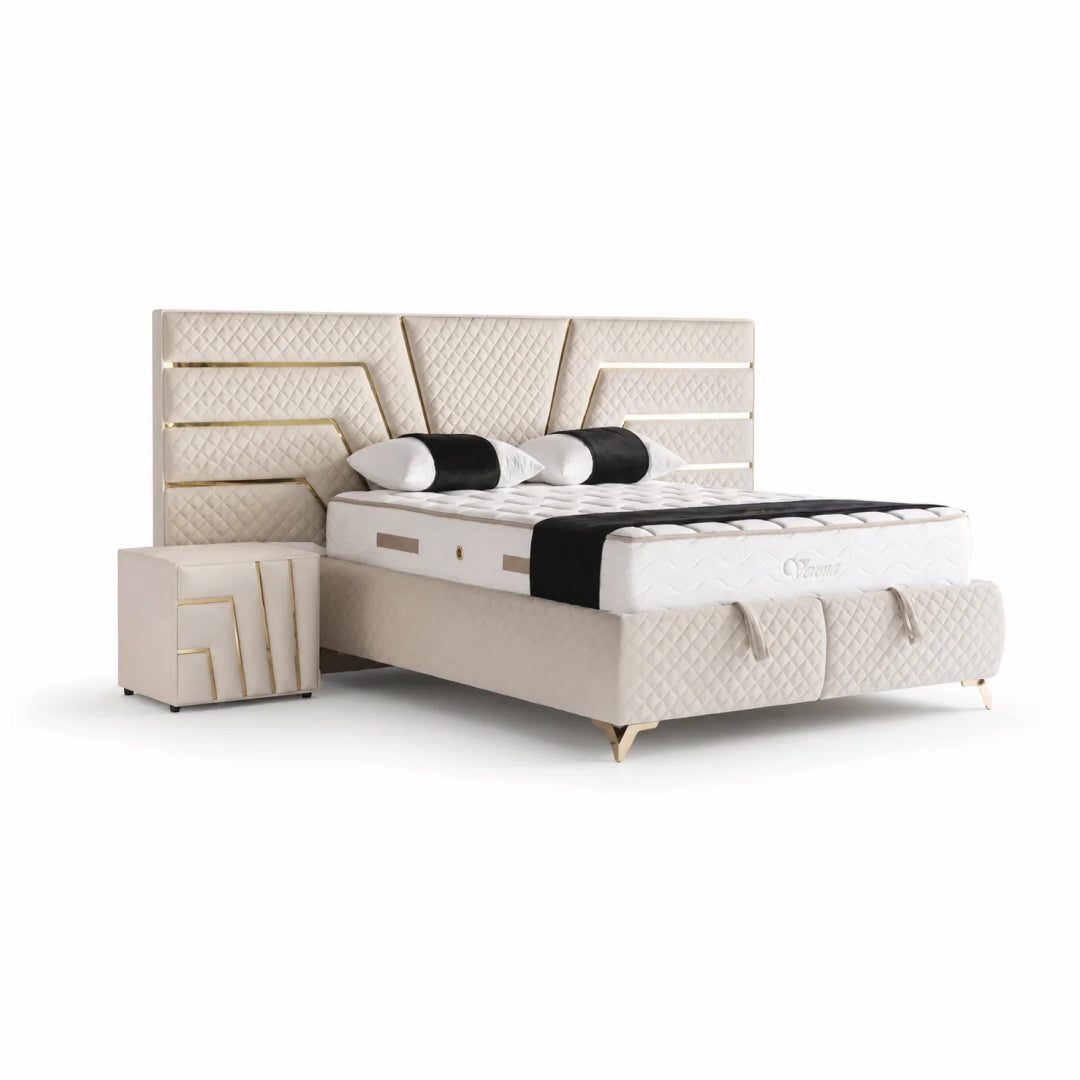 Pat Boxspring VERONA cu ladă de depozitare, structură metalică, saltea premium