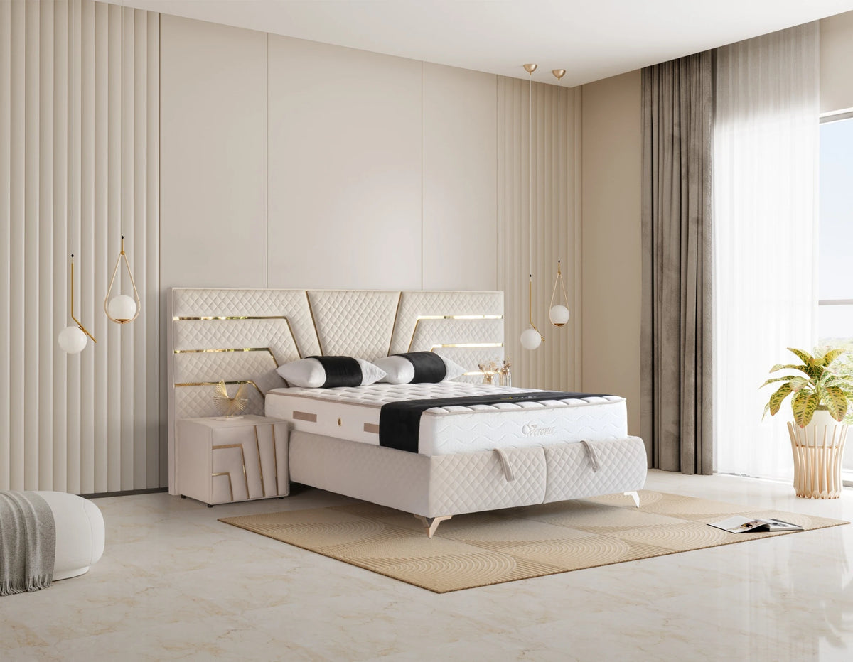 Pat Boxspring VERONA cu ladă de depozitare, structură metalică, saltea premium