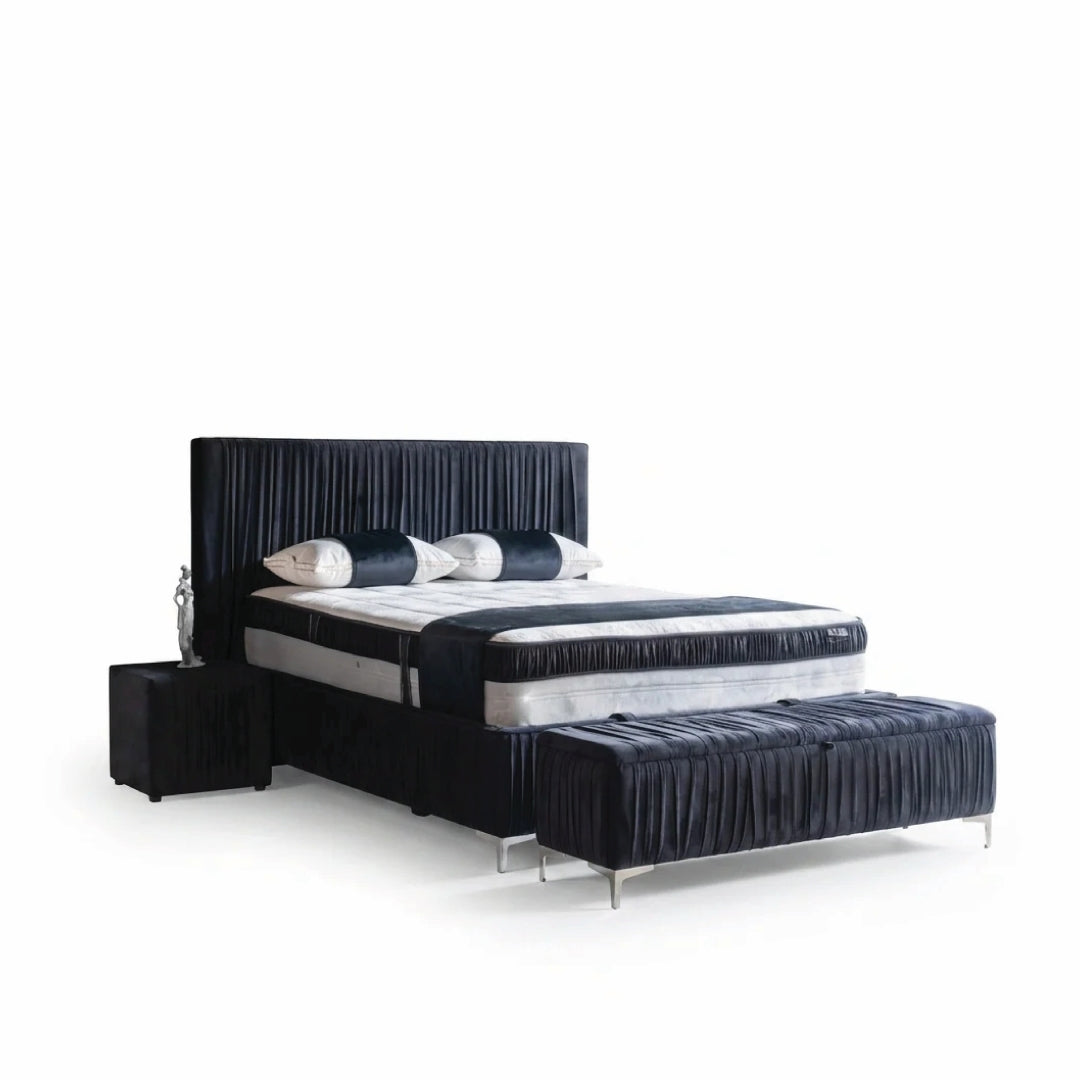 Pat Boxspring WRINKLE cu ladă de depozitare, saltea premium, structură metalică