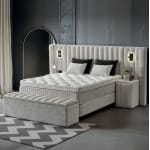 Pat Boxspring PALAZO cu ladă de depozitare, structura metalica, material și saltea premium cu topper integrat, LED-uri incorporate in capatai