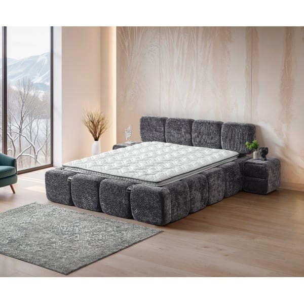 Pat Boxspring MARVEO cu ladǎ de depozitare, structurǎ metalicǎ, saltea premium cu topper integrat, material premium