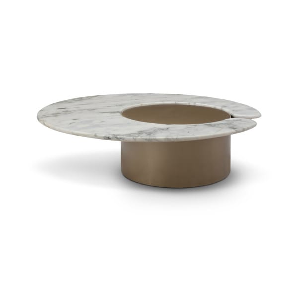 Măsuță de cafea modernă pentru living 120 cm, blat marmură albă și bază metalică alamă, design elegant ARCO