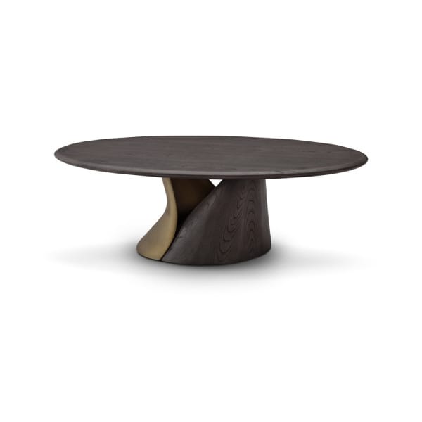 Măsuță de cafea modernă pentru living 120 cm, din lemn masiv cu design sculptural și accente metalice, stil premium DUALIS