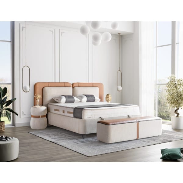 Pat Boxspring SILENT NIGHT cu ladă de depozitare, structura metalica, material și saltea premium, bancuta separata