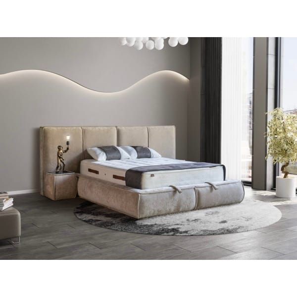 Pat Boxspring SEOSSA cu ladǎ de depozitare, structurǎ metalicǎ, material si saltea premium