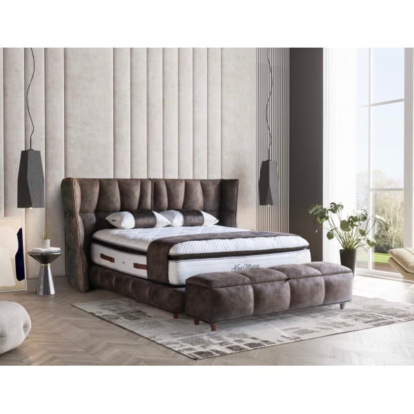 Pat Boxspring KING MASTER cu ladă de depozitare, structura metalica, material și saltea premium cu topper integrat, bancuta separata