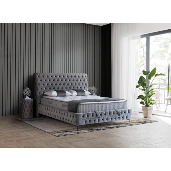 Pat Boxspring CHESTER cu ladă de depozitare, structura metalica, material și saltea premium cu topper integrat, design modern