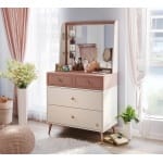 Comodă toaletă 80 cm, 4 sertare, 2 mici si 2 mari, stil modern scandinav, rose dust și alb ivory, accente rose-gold, design compact și elegant PEARL