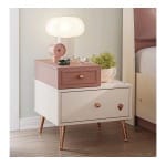 Noptieră 47 cm, 2 sertare, stil modern elegant, crem și roz pudrat, accente rose-gold, design minimalist și feminin PEARL