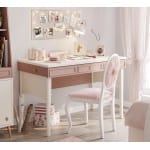 Birou 117 cm, 3 sertare cu organizator și etajeră, stil modern romantic, alb mat și roz pudră, accente rose-gold, design premium pentru studiu și make-up PEARL