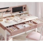 Birou 117 cm, 3 sertare cu organizator și etajeră, stil modern romantic, alb mat și roz pudră, accente rose-gold, design premium pentru studiu și make-up PEARL - imagine 4