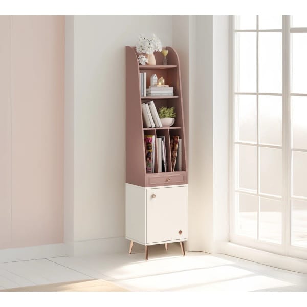 Bibliotecă îngustă 44 cm, stil modern scandinav, rose dust și alb ivory, sertar și dulap inferior, design slim cu accente rose-gold PEARL