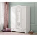 Dulap 140 cm, 3 uși batante cu oglindă, stil romantic, alb satinat, 3 sertare, bară haine și rafturi, design elegant BUTTERFLY
