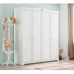 Dulap 202 cm, 4 uși batante, stil romantic clasic, alb satinat, bară haine, rafturi și sertare interioare, design elegant și spațios BUTTERFLY