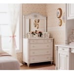 Comodă 90 cm cu oglindă, 4 sertare spațioase, stil clasic romantic vintage, alb antique cu accente argintii, design elegant cu detalii sculptate BELLE