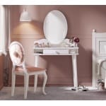 Masă toaletă 80 cm cu oglindă LED și sertar organizator, stil romantic elegant, alb satinat, design premium pentru machiaj AMELIE