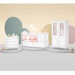 Set dormitor bebe 3 piese (pătuț transformabil, dulap 2 uși, comodă 4 sertare), stil clasic romantic, alb, design premium cu detalii sculptate BELLE