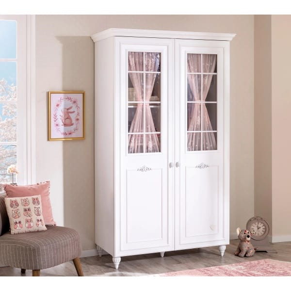 Dulap 115 cm, 2 uși, stil clasic romantic, alb satinat cu detalii florale, 5 rafturi și 2 bare pentru haine, draperii textile incluse, design elegant pentru copii și adolescenți AMELIE