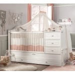 Pătuț 2 în 1 70×130 / 80×180 cm, cu comodă și sertar depozitare, stil clasic romantic, alb mat, transformabil în pat junior, design premium sigur BELLE