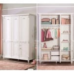 Dulap 140 cm, 3 uși batante, stil clasic romantic, alb antique cu accente patinate, bară haine, rafturi și sertare interioare, design elegant premium BELLE - imagine 3