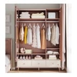 Dulap 145 cm, 3 uși cu oglindă, stil modern romantic, roz pudră și alb ivoire, 3 sertare, bară haine și rafturi, design elegant PEARL - imagine 2