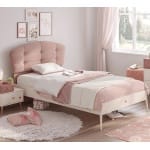 Pat copii 90×200 cm, stil modern romantic, roz pudrat și crem, tăblie tapițată moale, design elegant și sigur PEARL