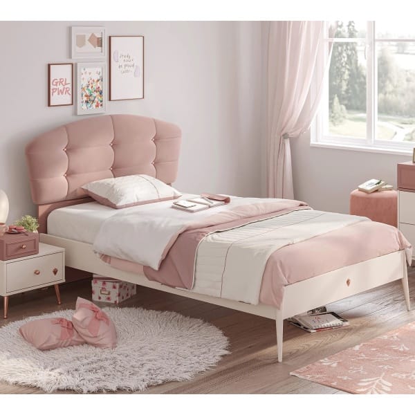 Pat copii 90×200 cm, stil modern romantic, roz pudrat și crem, tăblie tapițată moale, design elegant și sigur PEARL