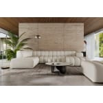 Colțar modular 343 cm, 6–7 locuri, formă U, design curbat, bouclé premium, configurabil RODOS, pentru spațiu premium