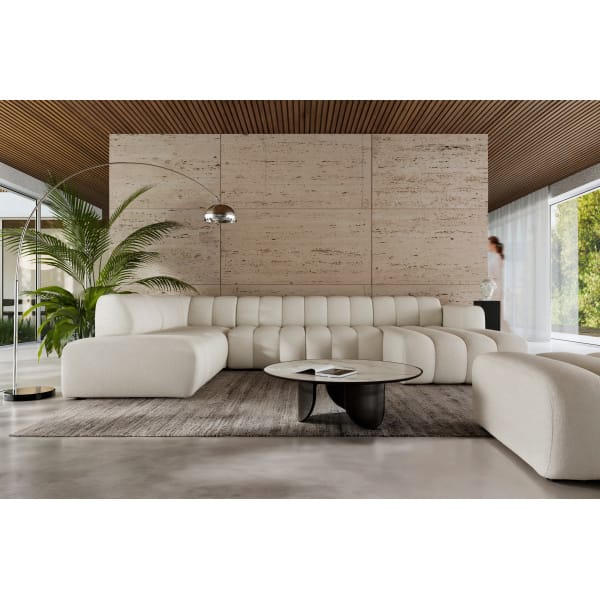 Colțar modular 343 cm, 6–7 locuri, formă U, design curbat, bouclé premium, configurabil RODOS, pentru spațiu premium