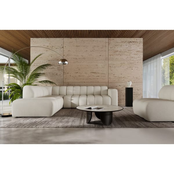 Colțar modular 270 cm, 4–5 locuri, formă L, design curbat, bouclé premium, configurabil RODOS, pentru ambient sofisticat
