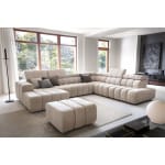 Colțar modular 386 cm lungime, 8–10 locuri, formă U, extensie electrică, tetiere reglabile, configurabil SIENNA, confort premium pentru spațiu amplu