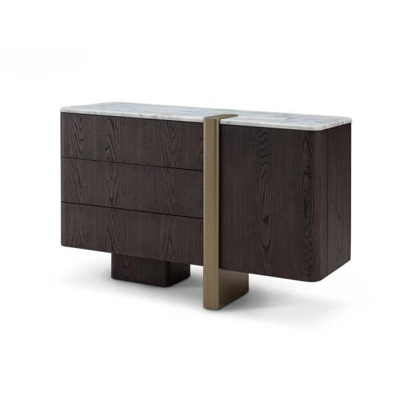 Comodă 120 cm, blat marmură albă, furnir lemn gri închis, accente brass IMPERIA, design elegant pentru interior sofisticat