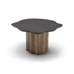 Măsuță de cafea modernă pentru living 80 cm latime, blat furnir ulm gri închis și bază metalică brass, design sculptural CALYX