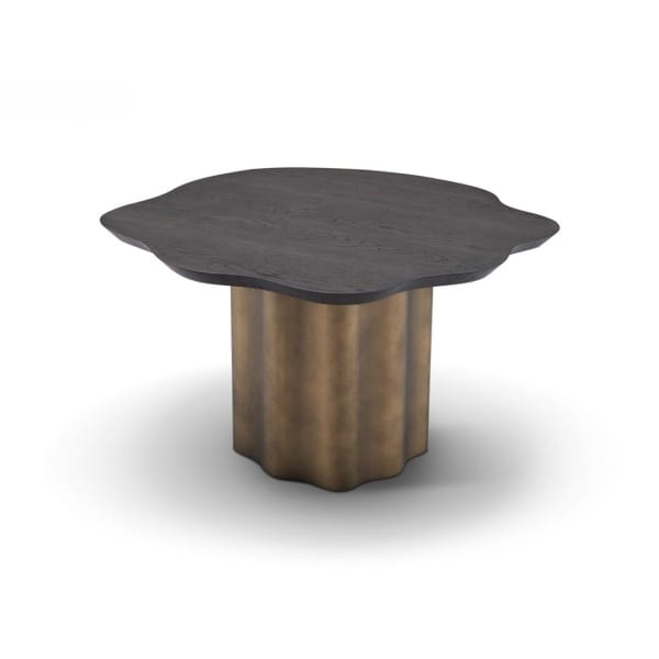 Măsuță de cafea modernă pentru living 80 cm latime, blat furnir ulm gri închis și bază metalică brass, design sculptural CALYX