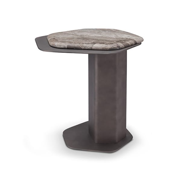 Măsuță de cafea modernă pentru living 50 cm, blat din marmură Maple Brown și bază metalică finisată, design sculptural compact OBELIS