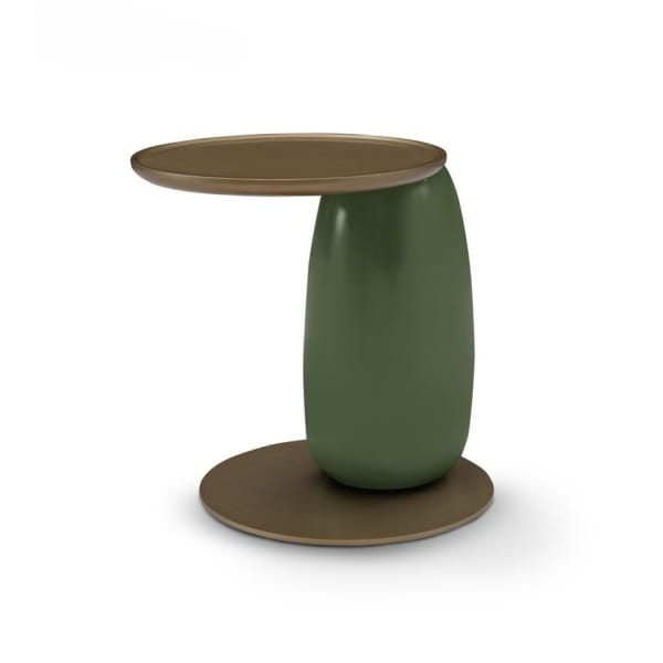 Măsuță de cafea modernă pentru living 55 cm, blat și bază din metal finisat bronz și picior din fibră de sticlă verde olive, design contemporan OLIVA