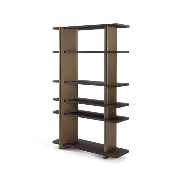 Bibliotecă 120 cm, design vertical aerisit, rafturi multiple din furnir ulm, structură stabilă cu accent metalic, VERTEX