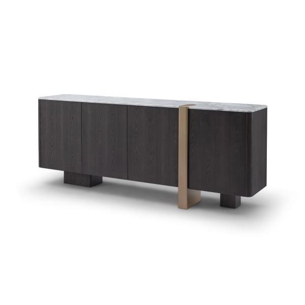 Comodă 200 cm, blat marmură albă, furnir lemn gri închis, accente brass IMPERIA, design elegant pentru interior sofisticat