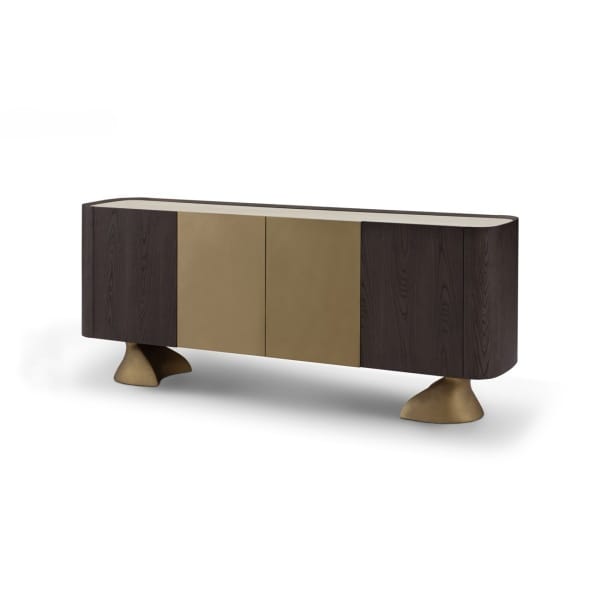 Comodă 210 cm, blat ceramic, furnir ulm gri închis, accente metalice și picioare sculpturale VELLOR, design contemporan pentru interior premium