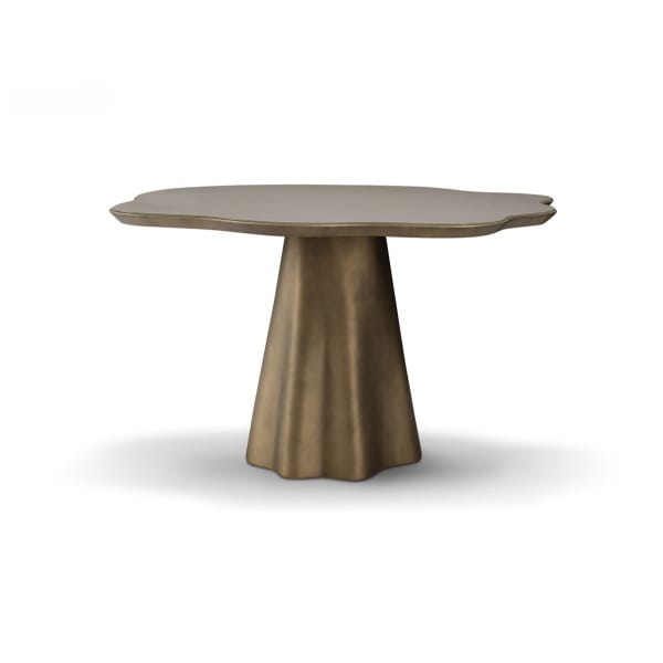 Consolă 116 cm, blat sticlă securizată și metal finisat, bază sculpturală brass CALYX, design organic pentru interior premium