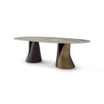 Masă dining modernă pentru 8–10 persoane 260 cm, blat din marmură naturală Maple Brown și bază mixtă din metal, lemn și fibră de sticlă, design sculptural premium DUALIS